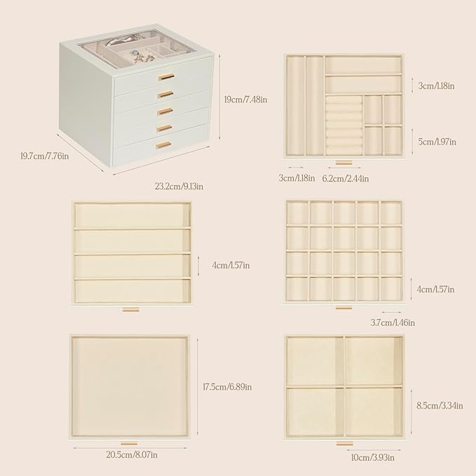 Jewelry Box with Glass Lid, 5-Layer Jewelry Organizer for Women Girls, PU Leather Display Case with 20-Grid Earring Tray & Movable Dividers for Necklaces Rings - Cloud White