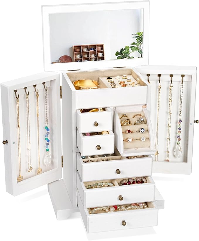 Jewelry Box for Women, Rustic Wooden Jewelry Boxes & Organizers with Mirror & Drawers,6 Layer Jewelry Organizer Box for Rings Earrings Necklaces Bracelets ((Weathered White)