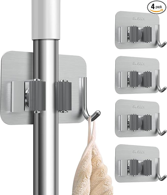 nacena 4 Pack No Drill Self Adhesive Broom Mop Holder Wall Mount with Hooks, Heavy Duty Stainless Steel Organizer for Kitchen Bathroom Garage Storage,Silver