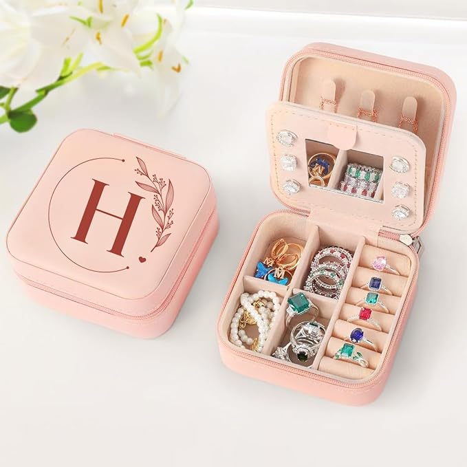 SANDJEST Personalized Jewelry Box, Pink Small Travel Jewelry Box with Initial H, Monogrammed Jewelry Case Organizer for Girls Women Teen, Mini Travel Essentials Gifts for Christmas Birthday