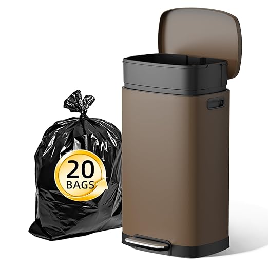 KUK 13 Gallon Kitchen Trash Can with Lid, 50L/13Gal Office Step Garbage Can for Home, Kitchen, Laundry Room, Office, Brushed Stainless Steel, Brown