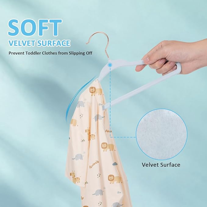 Tonswachic Baby Hangers 50 Pack - 11 Inch Premium Velvet Non Slip Kids Hanger for Infant & Toddler Clothes - 0.2" Ultra Thin Baby Closet Hangers with 10 Hanger Clips - Blue