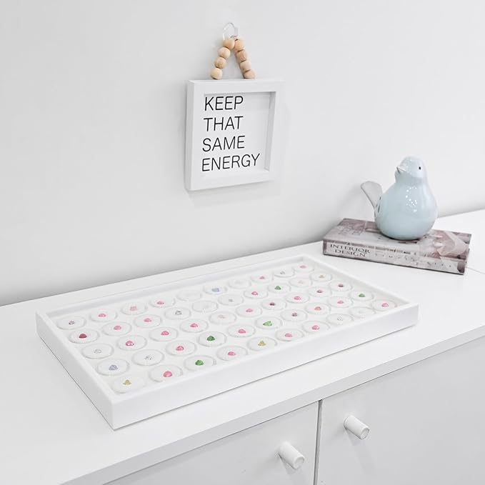 Ikee Design 50 White Foam Gem and Bead Storage Jars Showcase Stackable Display Tray Storage Box for Collectibles, Home Organization, 14.75 W x 8.25 D x 1 H in