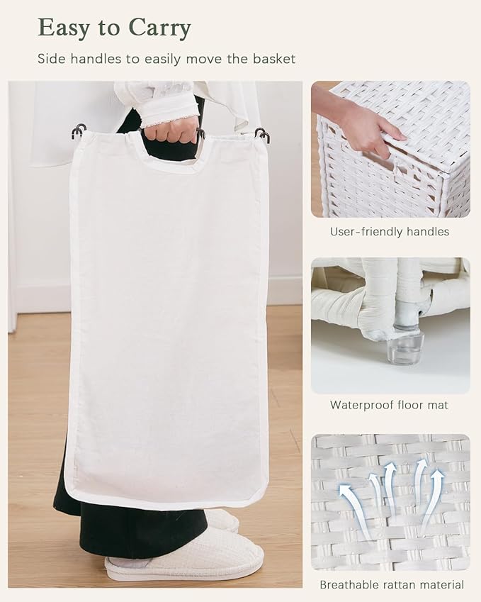 SETVSON Laundry Hamper with Lid Wicker Laundry Basket 112 L (29.6 Gal) Laundry Hampers Handwoven Rattan Clothes Hamper with Handles 3 Removable Liner Bag, 6 Mesh Bags for Bathroom Bedroom White