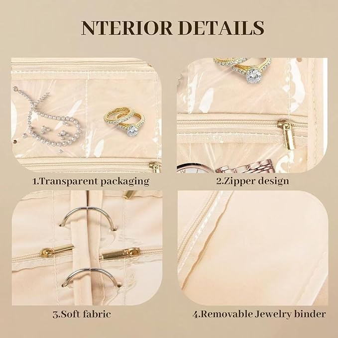 GSXRB Jewelry Organizer Travel Portable Earring Necklace Ring Jewelry Organizer Large Capacity Foldable Multi-Layer Classified Storage Bag Waterproof Antioxidant Organizer (beige)