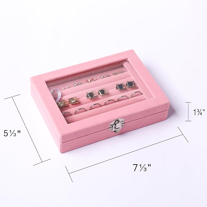 Frebeauty Rings/Earring Organizer Tray with Clear Lid,7 Slots Ring Box Velvet Ring Holder Drawer Insert Jewelry Storage Box Jewelry Display Case Jewelry Box Gift for Women and Girls(Pink,7 Slots)