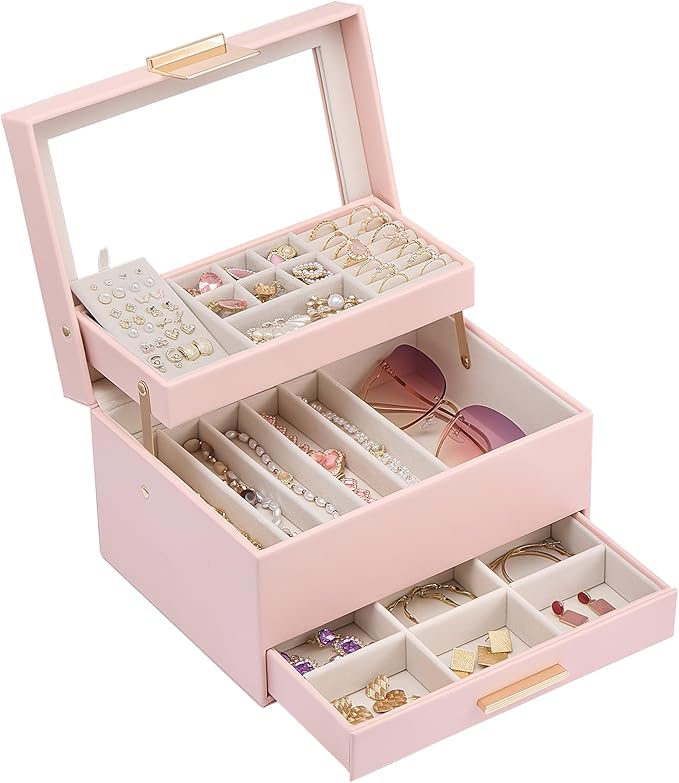 Lolalet Jewelry Box, Clear Window Jewelry Organizer with Drawer for Earrings Bracelets Necklaces Rings, Jewelry Storage for Women -Pink, 3 Layers