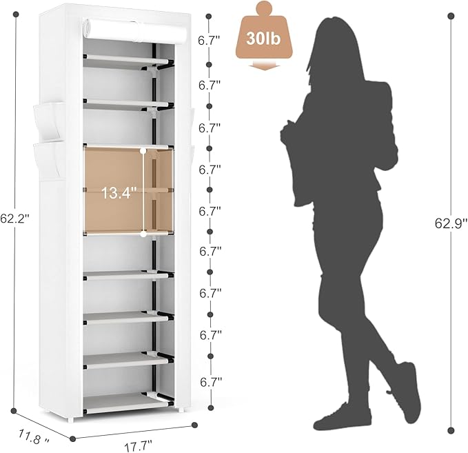 VILICK Shoe Rack with Cover Narrow Shoe Rack Organizer with 4 Side Pockets 10 Tier Tall Shoe Storage Shoe Shelf Holds 18-22 Pairs Shoes and Boots Shoe Rack for Closet, White