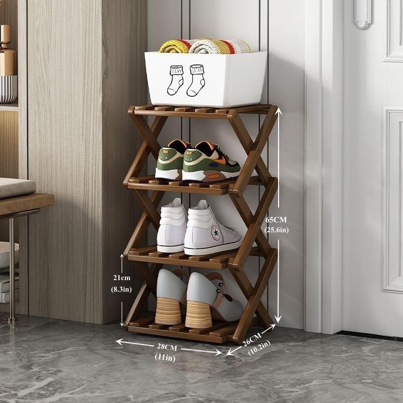 4 Tier Foldable Shoe Rack, Bamboo Vertical Shoe Organizer Tall for Multifunctional Narrow Shoe Shelf for Entryway, Closet, Corner, Bedroom, Hallway(Brown) - Image 2