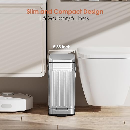 Small Bathroom Trash Can with Lid Soft Close, 6L / 1.6 Gallon Stainless Steel Garbage Can with Step Pedal & Odor Control, Slim Trash Bin for Toilet, Office, Bedroom - Sliver
