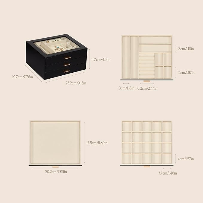 Jewelry Box with Glass Lid, 3-Layer Jewelry Organizer for Women Girls, PU Leather Display Case with 20-Grid Earring Tray & Movable Dividers for Necklaces Rings,Black