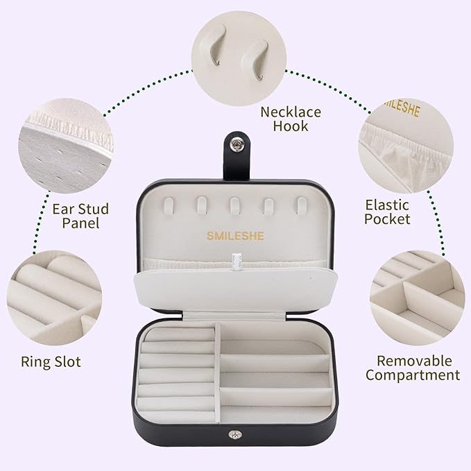 Smileshe Jewelry Box, PU Leather Small Portable Travel Case, 2 Layers Organizer Display Storage Holder Boxes for Rings, Earrings, Necklaces, Bracelets