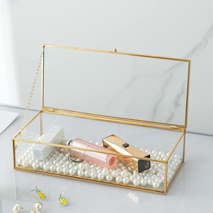 Vintage Glass Keepsake Box, Rectangle Jewelry Display Organizer Box Vanity Lidded Box Home Decor Accent Decorative Box for Storage Trinket Rings Bracelet