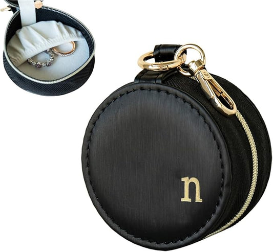 COLLECTIVE HOME - Monogrammed Letter Jewelry Case, Portable Travel Ring Holder Box with Keychain, Personalized Initial Organizer for Earrings Necklaces, Gift for Her (Black-n)