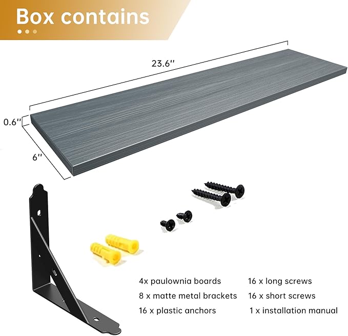 ROMGUAR CRAFT Wood Floating Shelves Set of 4, Rustic Storage Decor Wall Shelves, Wall Mounted Shelf for Living Room, Bedroom 23.6" x 6", Grey