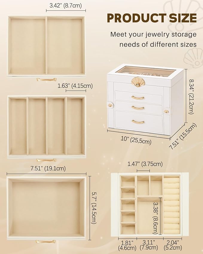 Enthralite Jewelry Box with 3 Drawers : Jewelry Display Organizer for Earrings Necklaces - Gift for Girls Women | White