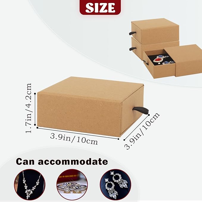 Nsmykhg Jewelry Gift Box Velvet-Lined,12 Pack Compact Drawer Style for Earrings & Rings, Necklace & Bracelet Organizer, 3.93x3.93x1.65 Inches, Stackable Elegant Jewelry Display & Storage Box (Kraft)