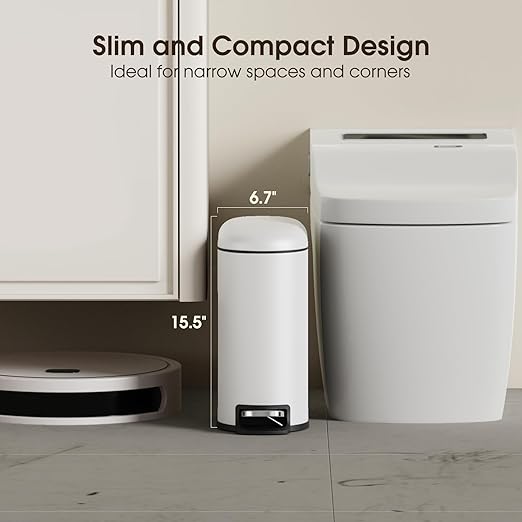 CEROELDA Small Bathroom Trash Can with Lid Soft Close, 5L/1.3 Gallon Stainless Steel Slim Garbage Can, Metal Waste Basket with Step Pedal, for Office, Bedroom, Toilet, Dorm Room (White, 1.3 Gallon)