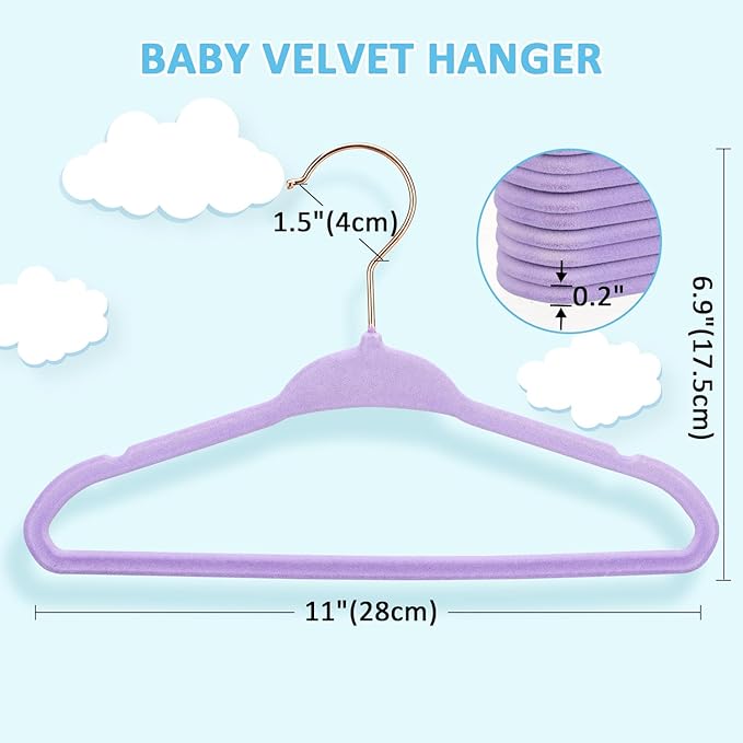 Tonswachic Baby Velvet Hangers 30 Pack - 11 Inch Premium Non Slip Kids Felt Hanger for Infant Clothes - Ultra Thin Baby Felt Hangers for Toddler Children's Closet with 10 Hanger Clips - Purple