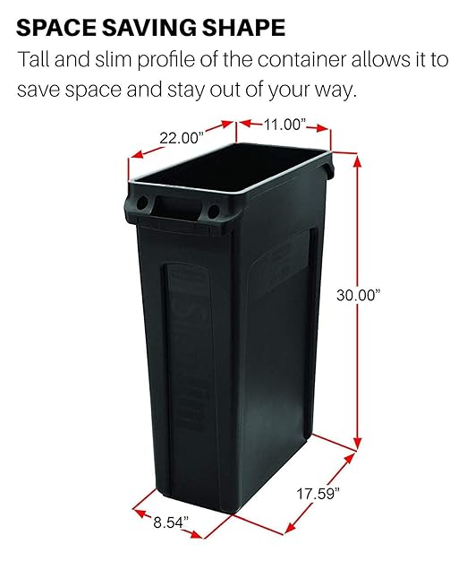 Rubbermaid Commercial Products Slim Jim Plastic Rectangular Trash/Garbage Can With Venting Channels, 23 Gal, Black, for Kitchen/Office/Workspace, Pack of 4