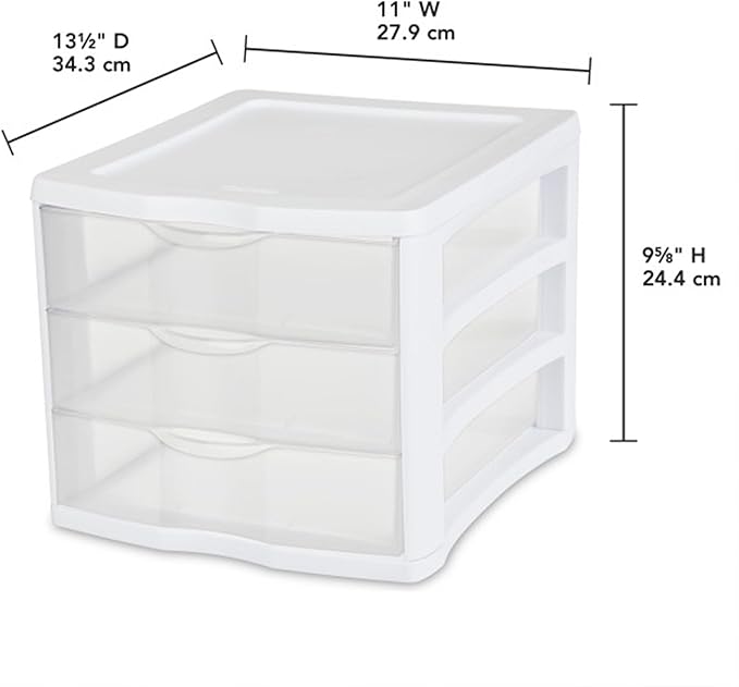 Sterilite 4-Pack 3 Drawer Unit, Stackable Plastic Organizer with Drawers, White Frame - Multi-Purpose Countertop Storage Containers for Office Supplies, Craft Rooms, Classrooms and Home Organization