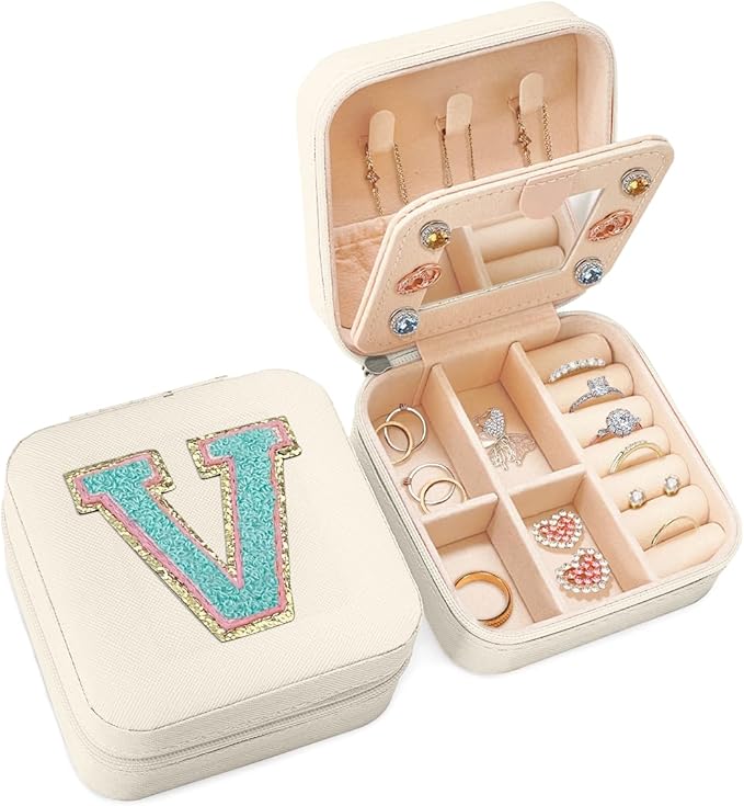 SANDJEST Personalized Jewelry Box, White Travel Jewelry Box with Initial V, Small Monogrammed Jewelry Case Organizer for Girls Women Teen Kids, Mini Travel Essentials Gifts for Birthday Christmas