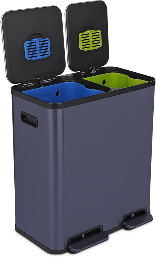 Simpli-Magic 70 Liter / 18.5 Gallon Rectangular Hands-Free Dual Compartment Recycling Kitchen Step Trash Can with Soft-Close Single Lid, Stainless Steel (40L x 30L Capacity), Blue