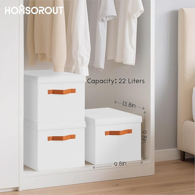 Homsorout Storage Bins with Lids - Fabric Storage Baskets for Shelves, 6 Pack Foldable Decorative Boxes with Handles, Stackable Organizer Bins for Home, Nursery, Dorm, White