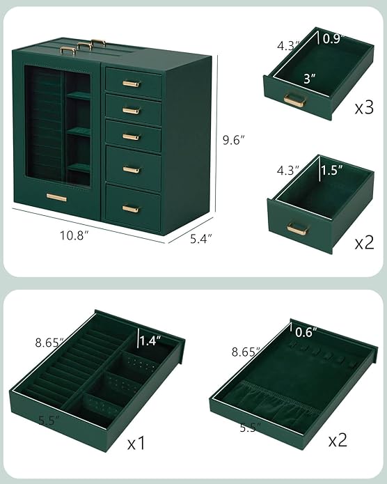 Homde Large Jewelry Box/Organizer/Case with Glass Window, Drawers for Necklaces Earrings Rings Bracelets Watches Gift for Women Girls