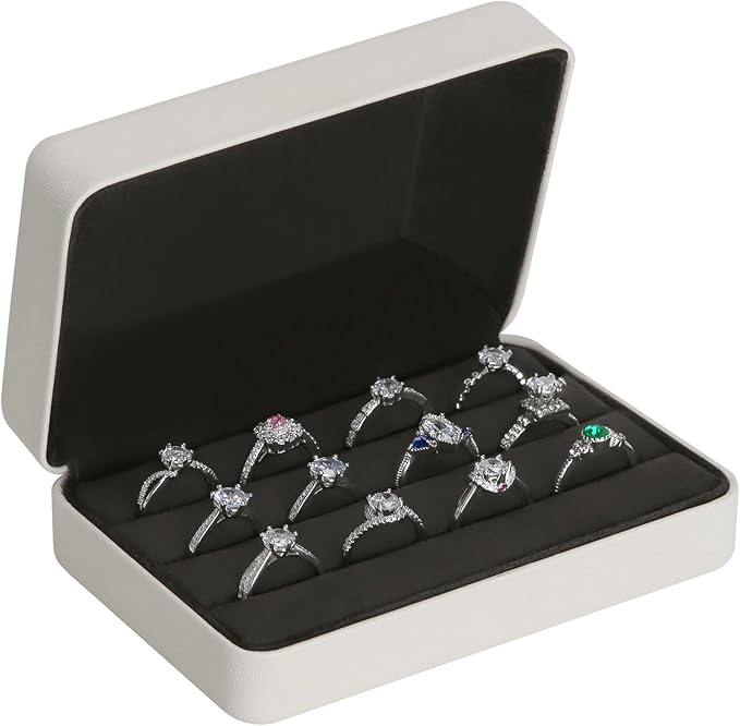 KUKUVR Velet Ring Storage Box for Multiple Rings, Travel Jewelry Ring Stud Earrings Holder Case, 3 Slot Portable Ring Display Organizer Case (White)