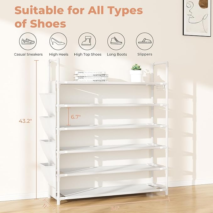 LANTEFUL 6 Tier Shoe Rack Storage for 24-30 Pairs Shoe and Boot, Shoe Organizer with Hook and Side Pocket Free Standing Long Shoe Shelf Tall Shoe Rack Organizer for Closet, Entryway, Dorm, White