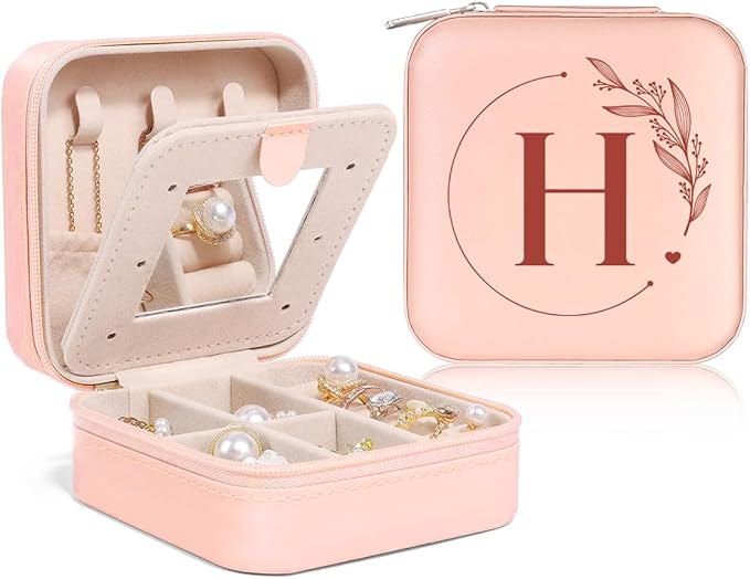 SANDJEST Personalized Jewelry Box, Pink Small Travel Jewelry Box with Initial H, Monogrammed Jewelry Case Organizer for Girls Women Teen, Mini Travel Essentials Gifts for Christmas Birthday