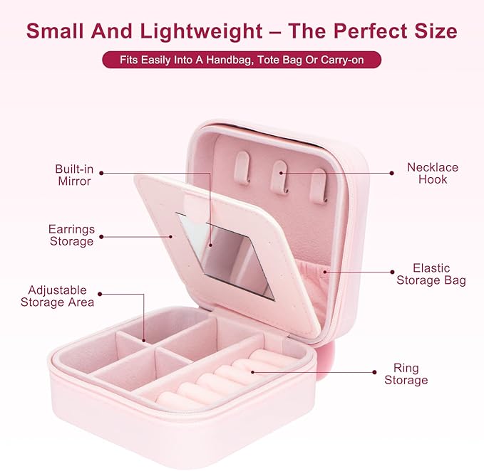 Cute Bunny Travel Jewelry Case with Mirror, Silicone Portable Mini Small Jewelry Box Organizer for Women Girls Mom, Wedding, Birthday Gift - Pink