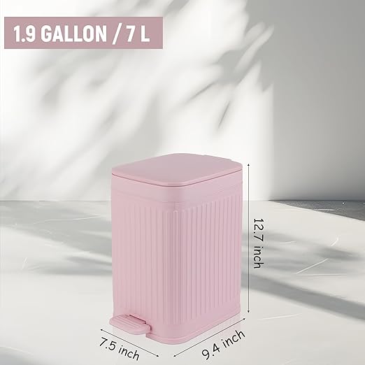 rejomiik Small Bathroom Trash Can with Lid Slim Soft Close Garbage Can Step Wastebasket Container Trash Bin for Office Bedroom Kitchen Living Room 1.9 Gallon Pink