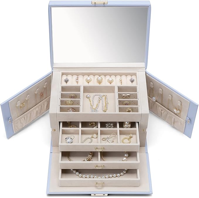 Vlando Lockable Jewelry Box Organizer with Key, 3-Tiered Storage Tray for Necklaces Earrings Rings Bracket Accessories Storage Display, Full HD-Mirror, Purple