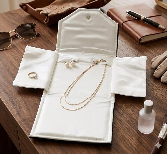 Novel Box Necklace Display Pearl Folder 8x6 inch Large Travel Jewelry Case - Wedding Jewelry Storage Holder with Smooth Finish - Jewelry Organizer Necklace Box - Black/White Stitched
