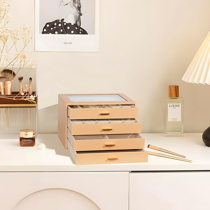 Jewelry Box with Glass Lid, 4-Layer Jewelry Organizer for Women Girls, PU Leather Display Case with 20-Grid Earring Tray & Movable Dividers for Necklaces Rings,Camel