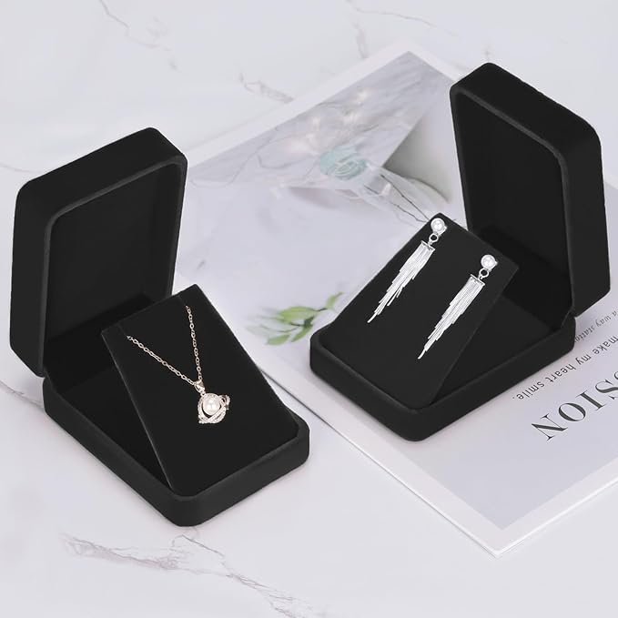 LETURE 2 Pieces Velvet Jewelry Gift Boxes for Necklace Pendant Earring Bracelet, Small Jewelry Storage Display Case for Christmas Wedding Engagement Birthday Anniversary (Black)