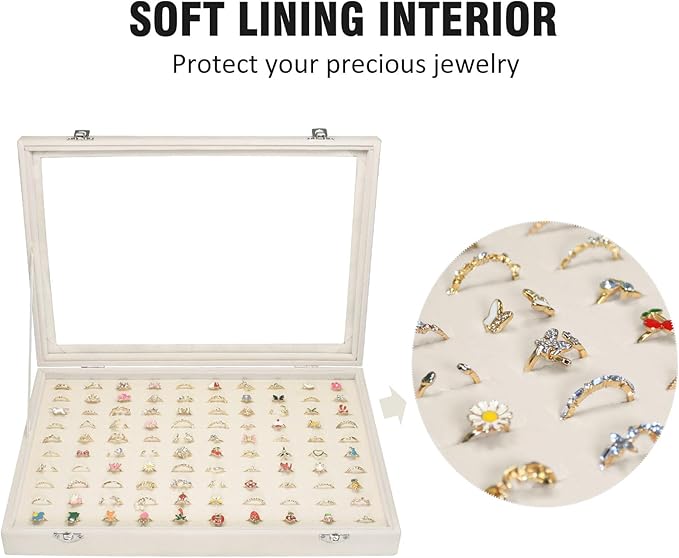 Vicoter Rings Organizer Tray 100 Slot Velvet Ring Earring Storage Box TranSparent Cover Jewelry Store Ring Display Box Jewelry Display Cabinet for Girl Wife Mother