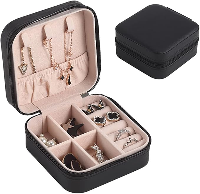 Mini Jewelry Travel Case,Small Travel Jewelry Organizer,Travel Portable Jewelry Case for Ring, Pendant, Earring, Necklace, Bracelet Organizer Storage Holder Boxes (Black)