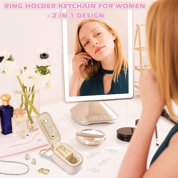Velvet Mini Travel Jewelry Case, 2 in 1 Ring Holder Keychain + 50 Plastic Earrings, Portable Small Jewelry Organizer for Women, Travel/Gym/Wedding/Bridesmaid Gift