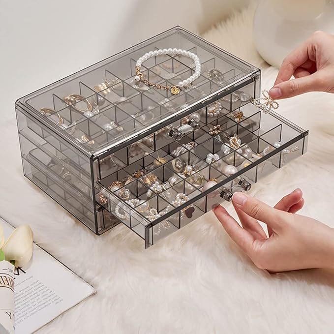 YUFONG Earring Storage Box Organizer 3 Drawers Acrylic Jewelry Storage Box Holder Transparent Jewelry Display Stand with 72 Small Compartments Gift for Women Girls (Clear Black)