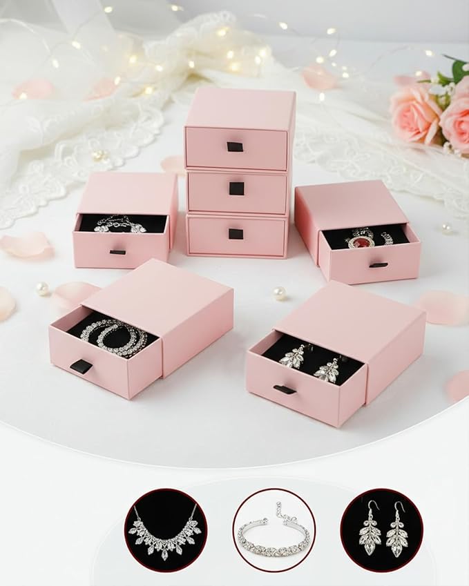 Jewelry Gift Box Velvet-Lined, 12 Pack Compact Drawer Style for Earrings & Rings, Necklace & Bracelet Organizer, Stackable Jewelry Display & Storage Box, Elegant Jewelry Storage (Pink)