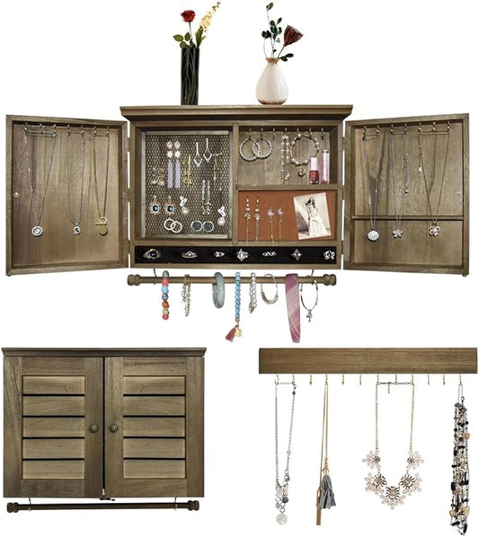 Rustic Wall Mounted Jewelry Organizer,Vintage Wooden Hanging Jewelry Holder Box with Barndoor Decor for Necklaces, Earings, Bracelets, Rings, Accessories. Includes Hook Organizer
