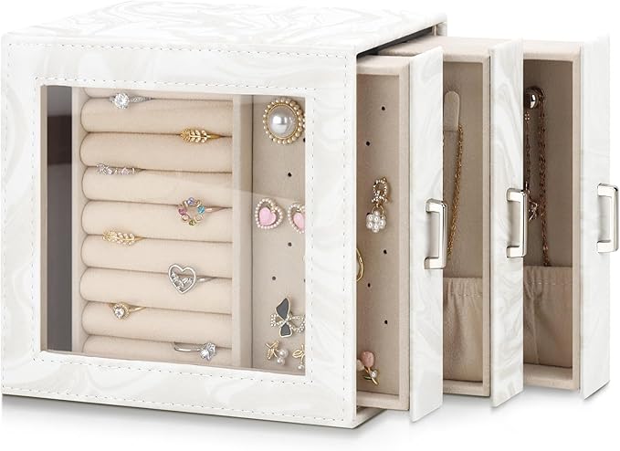 DesignSter Jewelry Box Organizer, Jewelry Box for Women, PU Jewelry Organizer Display Case with Side Drawers, Jewelry Storage for Earring Necklace Ring Bracelet Watch