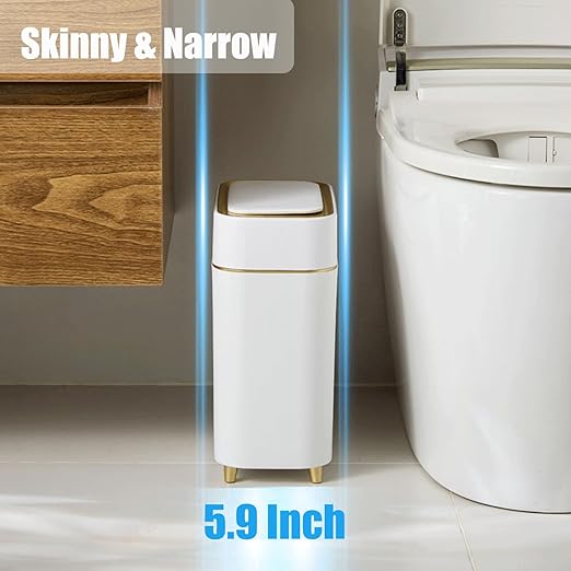 Yatmung Motion Sensor Trash Can Bathroom Automatic Touchless Lid - Sensor Garbage Can - Bathroom, Bedroom, Kitchen, Laundry Room, Small Spaces - Compact Smart Trash Bin - White with Gold Edge, 1Pack