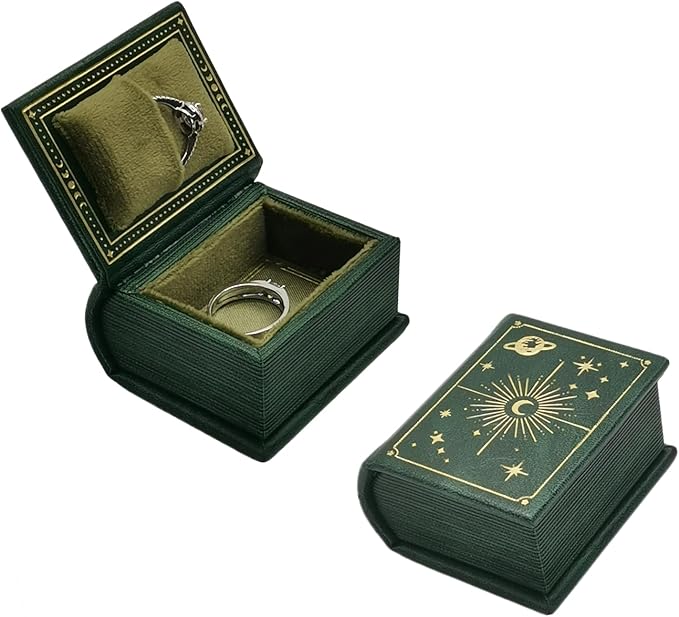 Book Shaped Ring Box - Vintage Engagement Ring Box with Hinged Lid for Proposal Engagement Wedding, Proposal Ring Case with Magnetic Closure-PRB011-Green