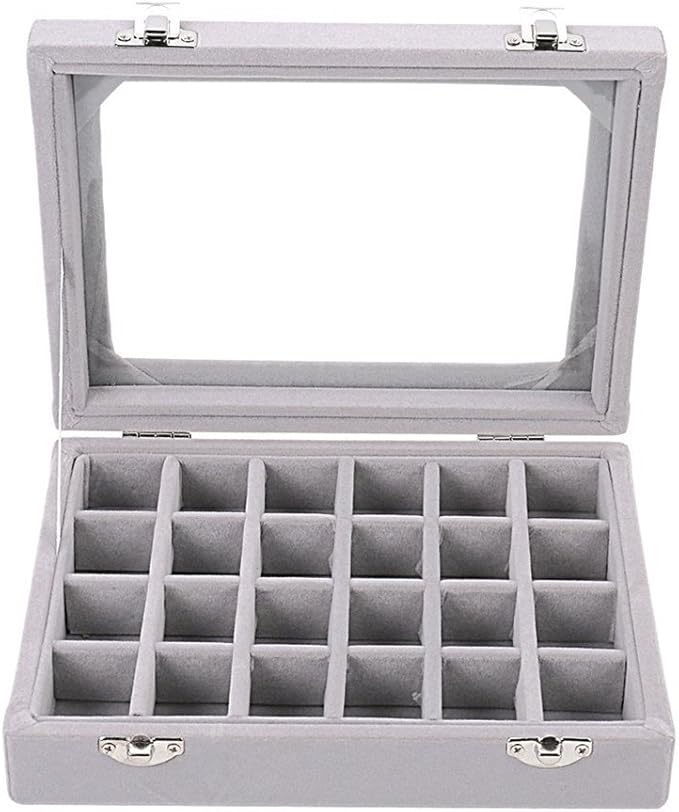 24 Grids Velvet Glass Ring Earrings Jewelry Box Earrings Organiser Storage Holder Display Case