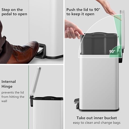 Slim Bathroom Trash Can with Lid Soft Close, 1.6 Gallon Stainless Steel Garbage Can with Removable Inner Bucket, Durable Step Pedal, Small Trash Bins for Toilet, Bedroom, Kitchen, Office