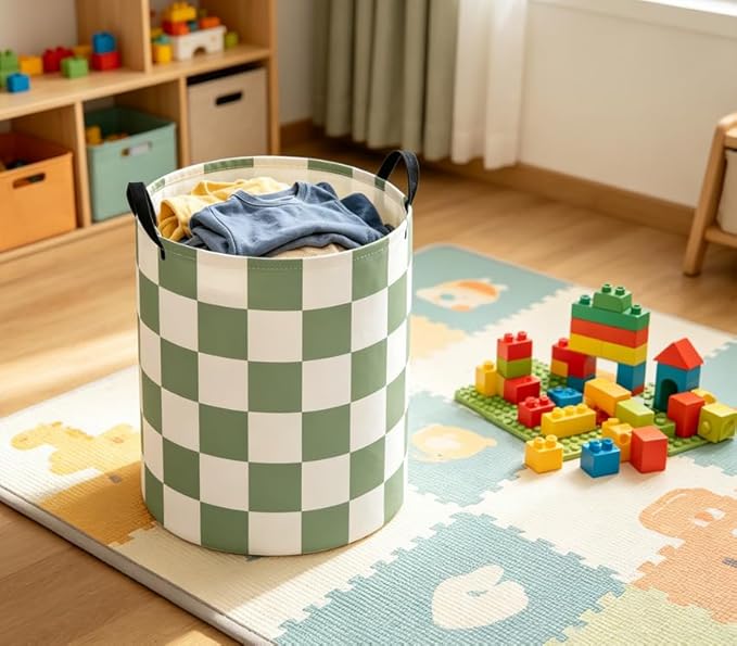 Baby Laundry Basket Baby Nursery Hamper Kids Laundry Basket Toy Storage Bin for Boys Room Decor Gift Baskets for Bedroom Bathroom(Green Checkered)